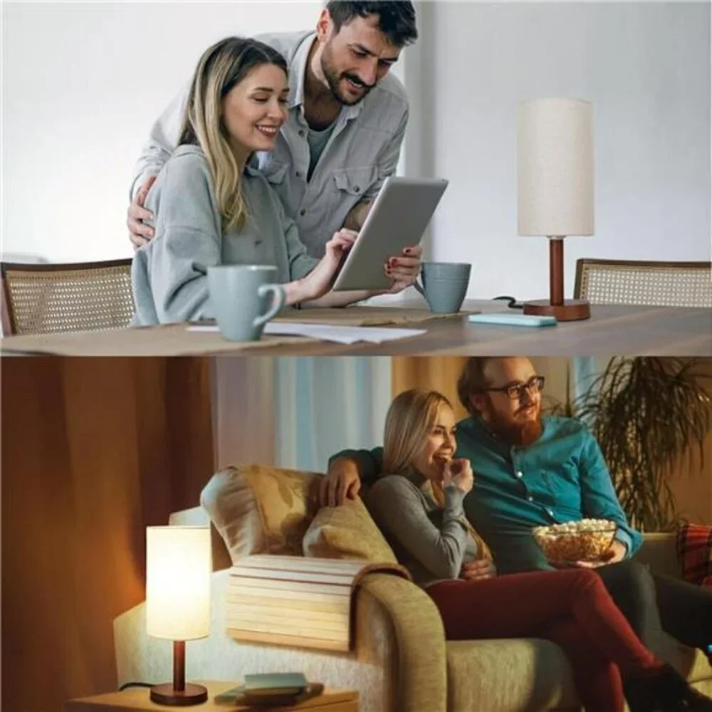 Small table lamp wood base linen shade LED nightstand light for bedroom desk